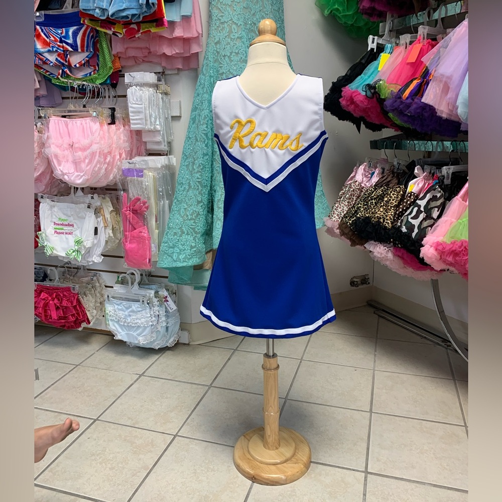 Child Size 4 or 10 Blue Gold White Rams Logo Cheerleading 1 Pc Uniform Dress NWT